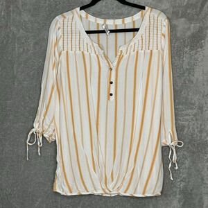 Retrology XL Top Shirt White Gold Striped Split Scoop Neck 3/4 Sleeve Henley